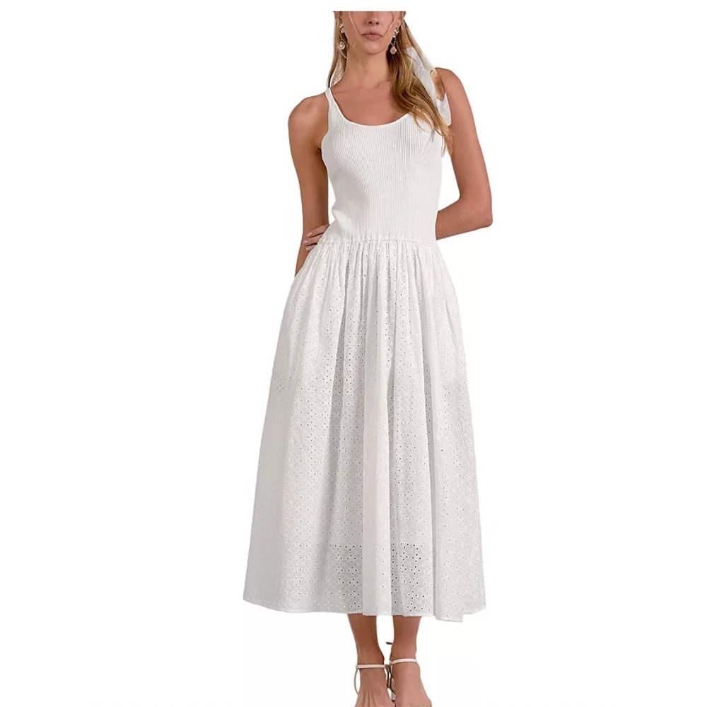 Elan White Mixed Media Eyelet Midi Tank Dress Small NWOT Cottage Bridal Resort
